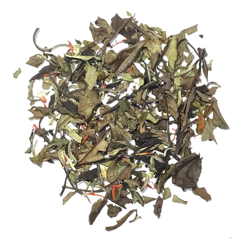 White tea, safflowers with champagne and raspberry flavor
