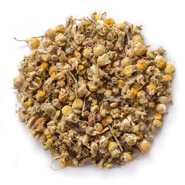 Chamomile, orange peel, hibiscus with orange flavor