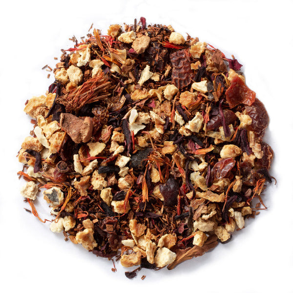 Rooibos, orange peel, hibiscus, rosehips, apple, flowers with vanilla and citrus flavors