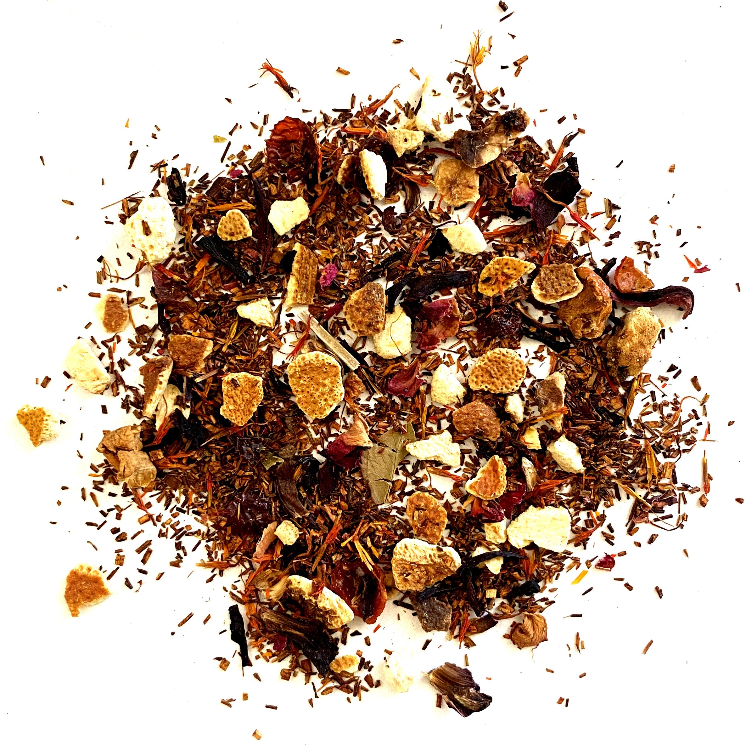 Rooibos, orange peel, hibiscus, rosehips, apple, flowers, flavoring