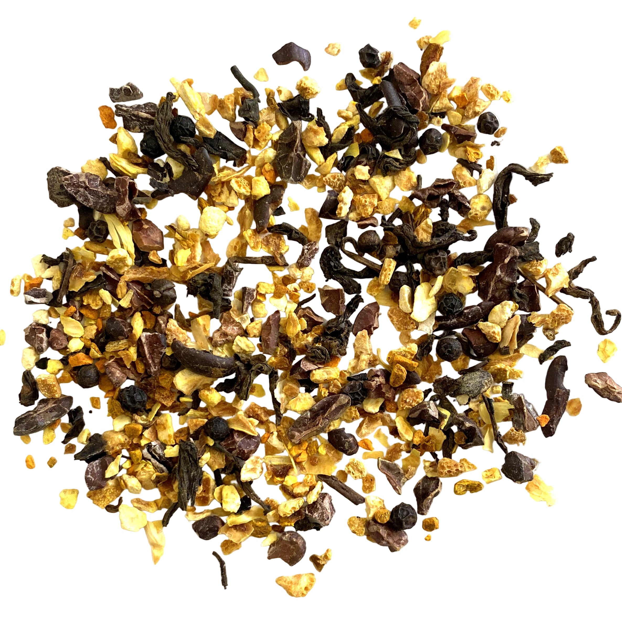 Organic blend with Organic Orange peel, Organic Cacoa nibs, Organic Puerh, Organic Turmeric and Organic Pepper, with Natural flavors.