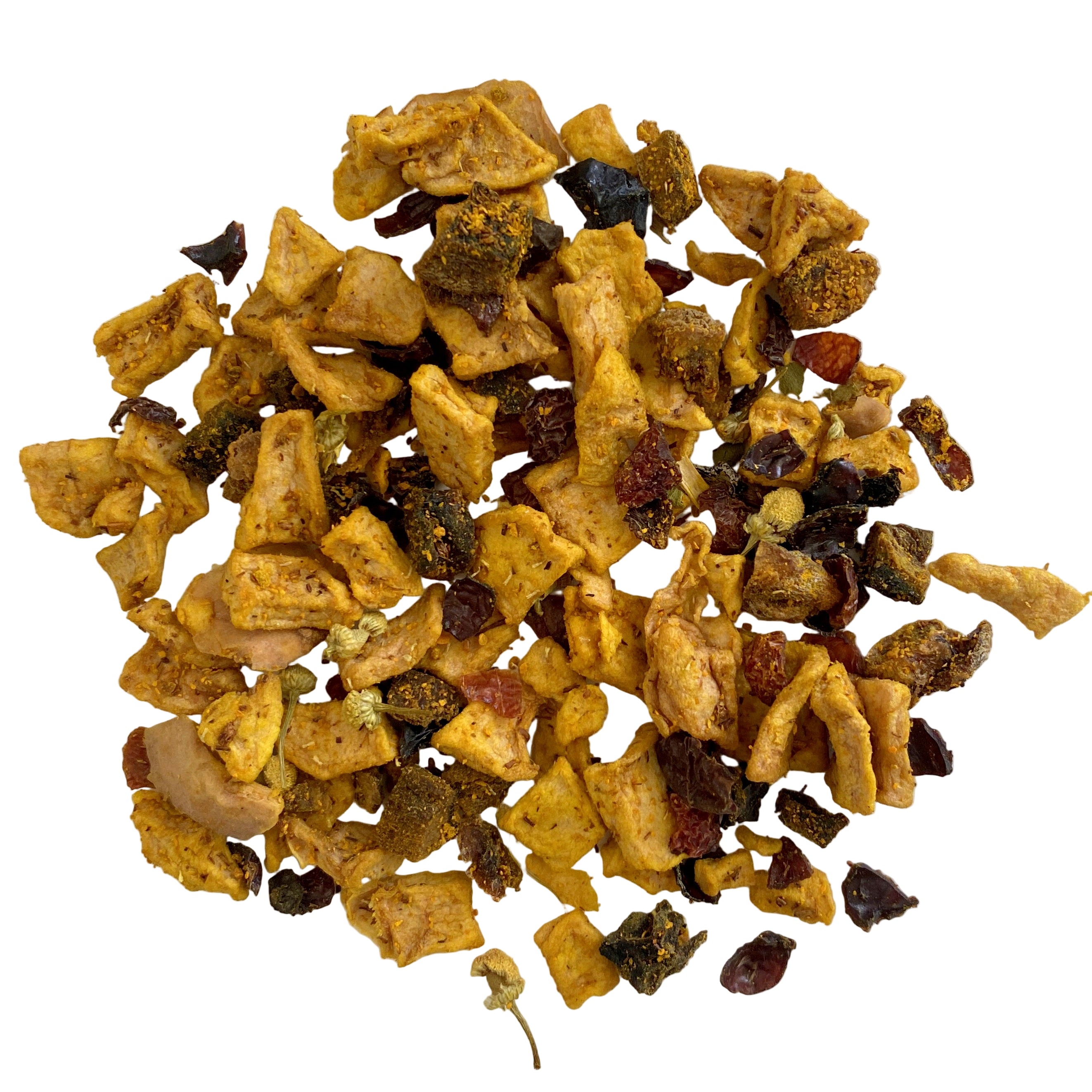 Organic fruit, rosehip, turmeric, rooibos, chamomile, lemon myrtle, flavoring