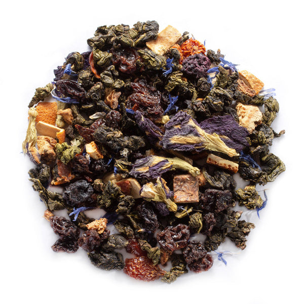 Oolong, berries, orange peel, rosehips, butterfly pea flower, flavoring