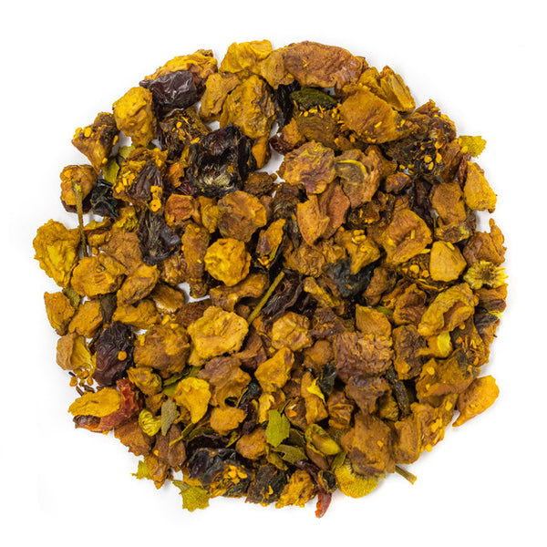 Organic fruit, rosehips, turmeric, rooibos, chamomile, lemon myrtle with natural flavors.