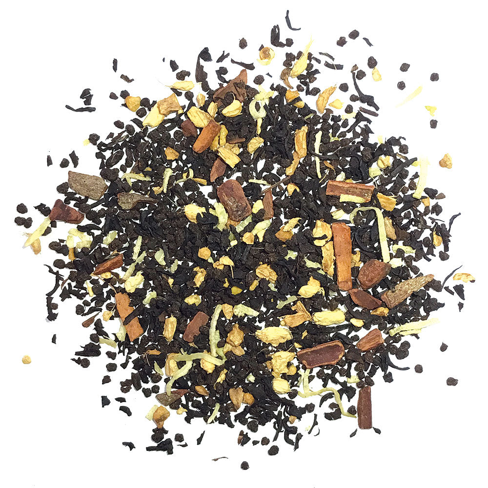 Organic Black tea, whole and crushed spices, coconut shreds and spice flavor