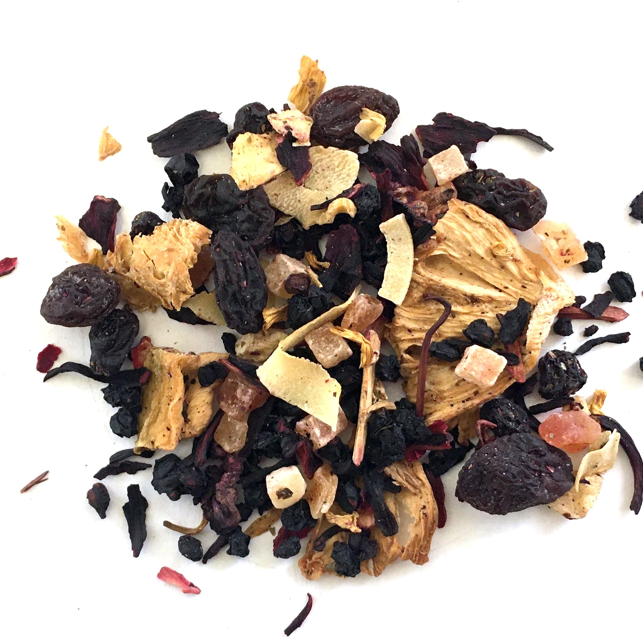A BLEND OF FRUIT PIECES, COCONUT, HIBISCUS, AND FLAVORING.
