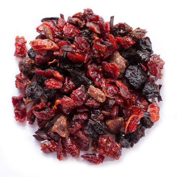 Cranberry, hibiscus, blueberry, red berries with red berry flavor
