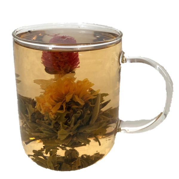 Green flowering tea with white, yellow and pink flowers