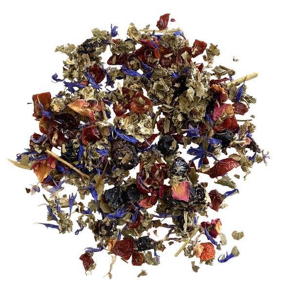 Rosehips, cherry, berries, strawberry and raspberry leaf, flowers and N&A flavors