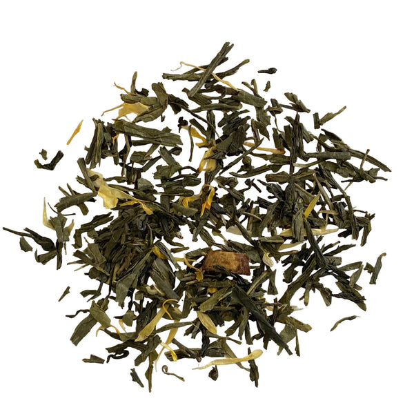 China panfired green tea, peach pieces, marigold petals, with peach flavor