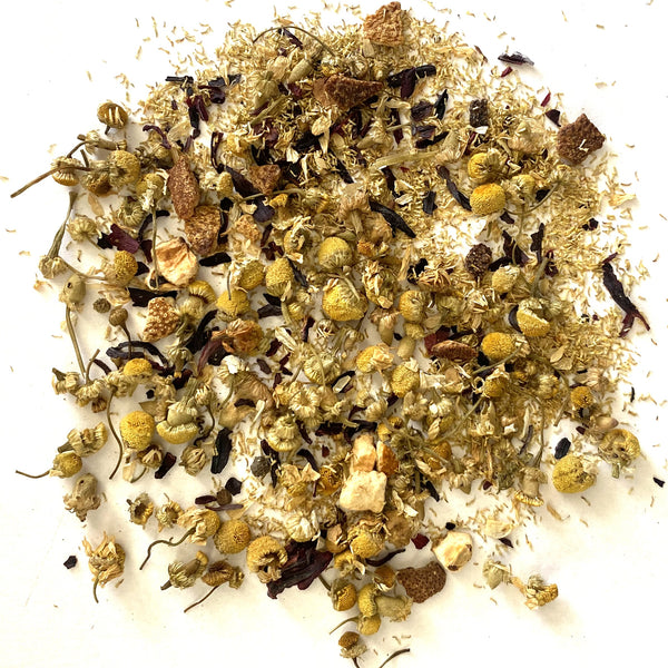 Chamomile, orange peel, hibiscus, orange flavor
