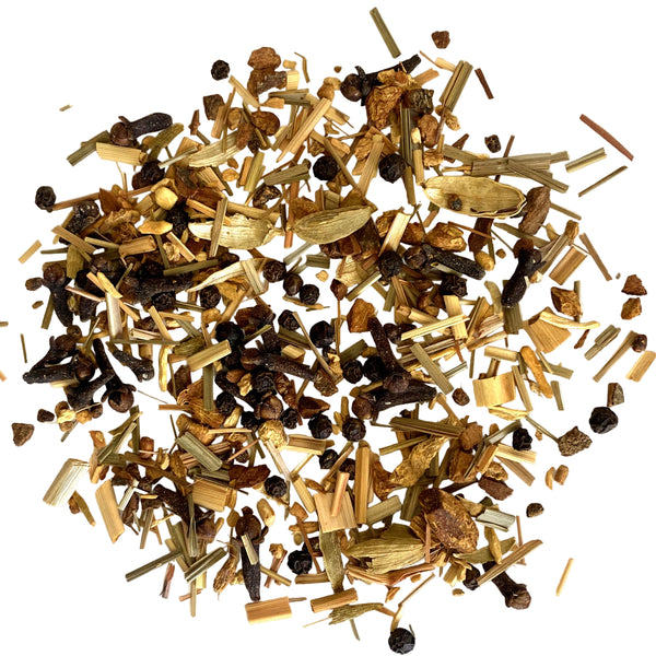 Cinnamon chips, Cloves, Black Pepper, Lemon Grass, Green Cardamom, Ashwagantha, and Ginger Root, with Natural &amp; Artificial Flavors. Ayurvedic Blend.