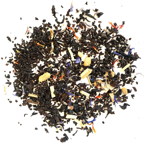 Assam Black Tea with Safflowers, Pineapple, Ginger, Shredded Coconut, Lemon Grass, Cornflowers, with Artificial and Natural flavoring.