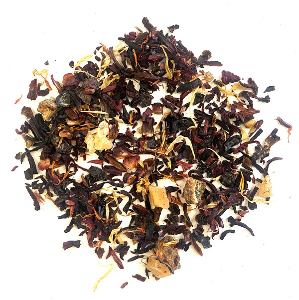 Hibiscus, Pineapple pieces, mango pieces, Date pieces, Safflowers, Rosehips, Marigold Petals, with Natural &amp; Artificial flavors
