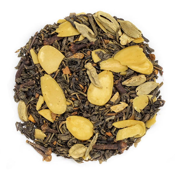 Green tea, cinnamon, almonds, cloves, green cardamom with almond and cinnamon flavor