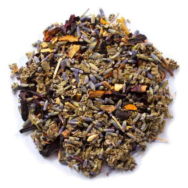 Raspberry leaf, lavender, lemon peel, Hibiscus with berry flavor