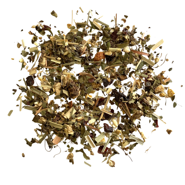 Herbal Blend with Ginger root, Rosehips, Tulsi, Orange peel, Lemon peel, Lemon Myrtle, and Lemongrass, with Natural &amp; Artificial Flavoring.