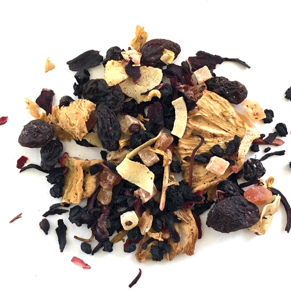 A BLEND OF FRUIT PIECES, COCONUT, HIBISCUS, AND FLAVORING.