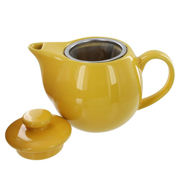Yellow 4 ounce teapot with stainless steel infuser.