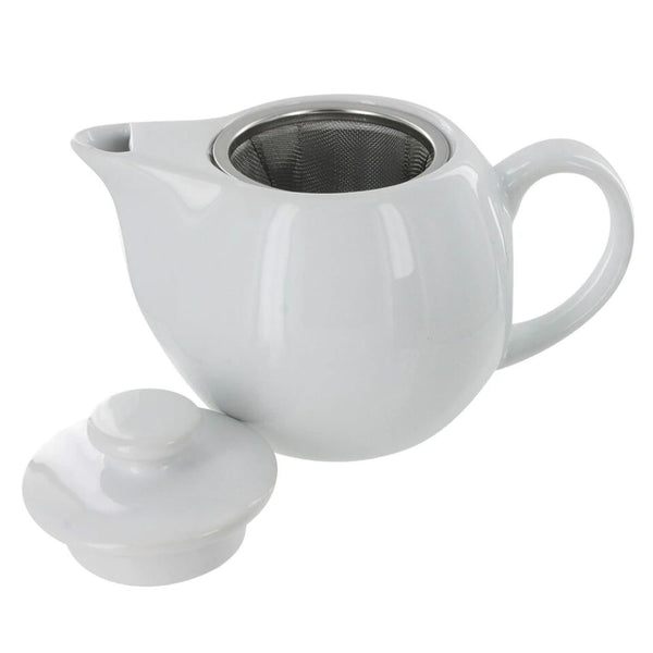 White 14 oz. Teapot with Infuser Basket and Lid.